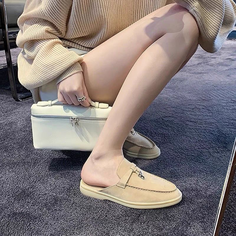 LP流苏锁扣半拖鞋2025女夏复古老钱风乐福鞋软底羊绒豆豆单鞋