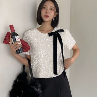 包邮 首尔印象韩代 25fw 复古丝绒黑色蝴蝶结亮片短袖上衣女秋冬