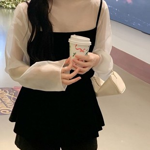 复古黑色天鹅绒后系带可爱外搭吊带女秋冬新款 直邮 东大门代购