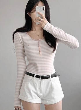 直邮 首尔印象韩代 26ss 系扣圆领显瘦条纹修身长袖T恤上衣女