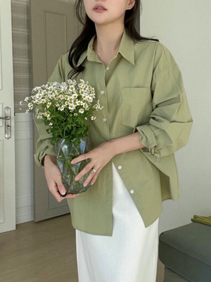 ALL OVER 26ss 东大门代购 养眼糖果色口袋翻领棉质宽松长袖衬衫