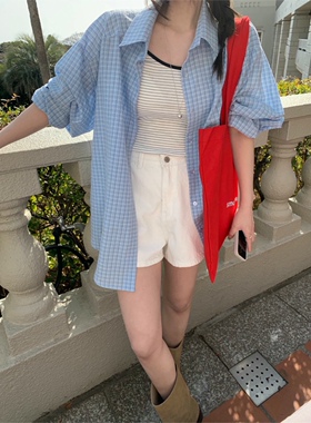 直邮 首尔印象韩代 26ss mellounge少女简约格子棉质宽松长袖衬衫