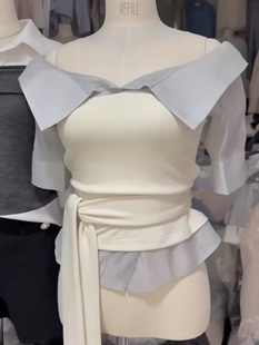 直邮 首尔印象韩代 26ss Refill温柔风拼接假两件绑带短袖衬衫