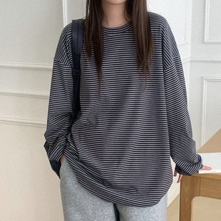 首尔印象25秋冬新款 厚T恤女 东大门多色落肩宽松细条纹长袖 直邮