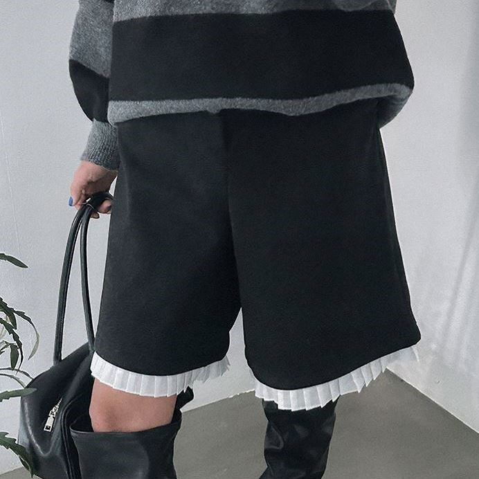 包邮 首尔印象韩代 25fw 松紧腰压褶花边阔腿休闲中裤女秋冬新款