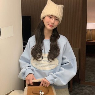 直邮 首尔印象韩代 25fw 软妹风字母加绒落肩宽松套头卫衣女秋冬