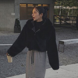 包邮 首尔印象韩代 25fw 复古连帽拉链短款环保皮草外套女秋冬新