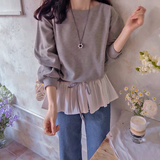 直邮 首尔印象韩代 26ss 少女风拼接系带荷叶边套头长袖卫衣春新