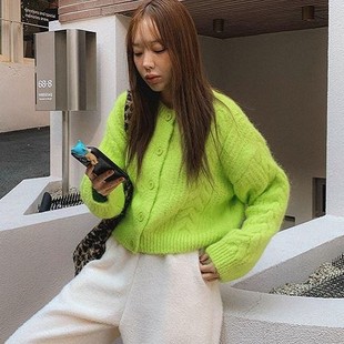 包邮 东大门代购 养眼多色荧光绿落肩宽松螺纹毛衣针织衫女秋冬新