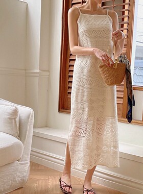 直邮 首尔印象韩代 26ss 海边度假风镂空提花开叉长吊带裙连衣裙