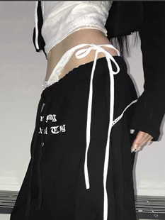 直邮 首尔印象韩代 26ss Y2K蕾丝拼接假两件低腰字母宽松休闲裤女