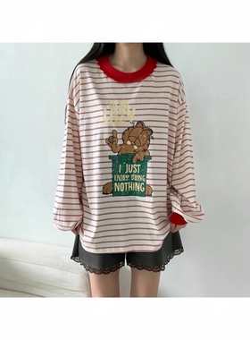 直邮 首尔印象韩代 LOVABLE少女风卡通条纹印花宽松长袖T恤秋新款