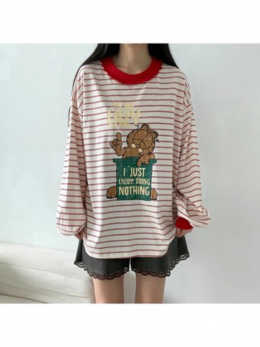 直邮 首尔印象韩代 LOVABLE少女风卡通条纹印花宽松长袖T恤秋新款