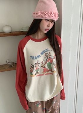 直邮 首尔印象韩代 25fw rami.j 可爱卡通配色插肩袖绒感T恤女冬