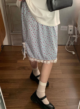 直邮 J.needs韩国代购正品 温柔少女天蓝色蕾丝边碎花H型半身中裙