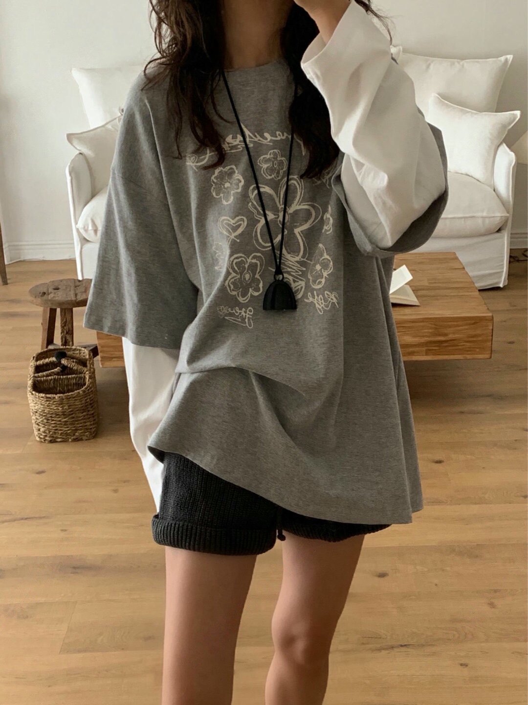 直邮 BEA GLE 25fw 东大门韩代 oversize韩里韩气印花假两件T恤女