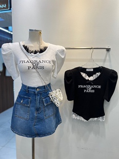 BANANA 少女风蕾丝花边字母泡泡袖 26ss 直邮 T恤 东大门代购 BLUE