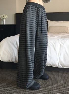 直邮 首尔印象韩代 25fw modimood博主同款条纹绒感阔腿休闲裤女