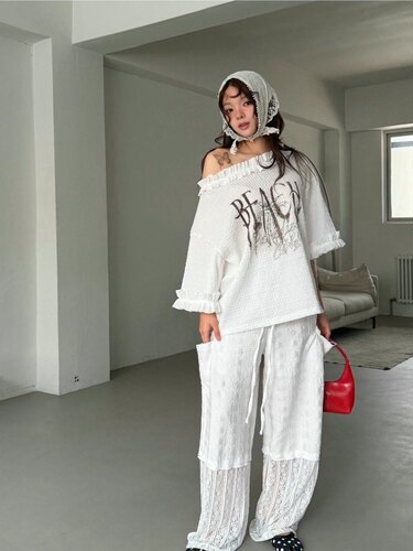 GISELE 首尔印象韩代 26ss 松紧腰蕾丝提花侧抽绳口袋直筒休闲裤