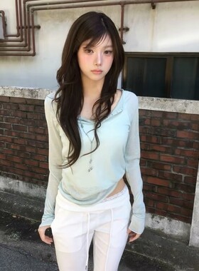 首尔印象韩代 26ss modimood同款清新薄荷绿舒适钩扣微透长袖T恤