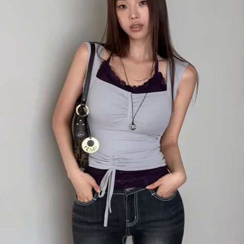 首尔印象韩代 26fw hypnotic同款纯欲辣妹风方领抽绳系带T恤女