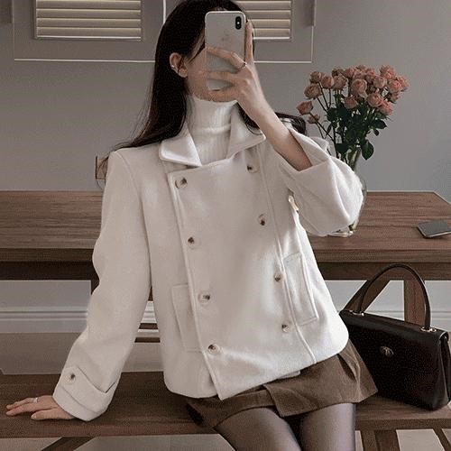 直邮 东大门代购 韩国小姐姐双排扣夹棉毛呢短外套女秋冬新款