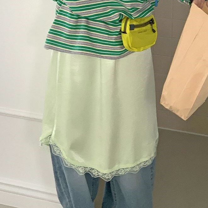 包邮 首尔印象韩代 26ss 薄荷绿蕾丝花边松紧腰丝滑半身裙中裙