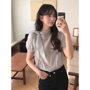 直邮 首尔印象韩代 轻职风蝴蝶结飘带设计天丝短袖衬衫夏季新款女