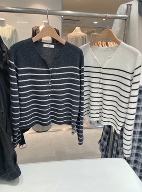 直邮 首尔印象韩代 25fw CELLONA软糯爱心扣条纹舒适针织开衫女