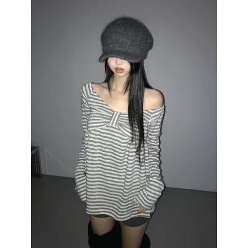直邮 首尔印象韩代 26ss modimood同款条纹蝴蝶结露肩长袖上衣女