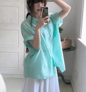 直邮 首尔印象韩代 26ss 小清新薄荷绿口袋单排扣短袖衬衫女