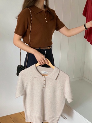 直邮 VOLANT 25fw 简洁POLO翻领半系扣短袖针织衫女秋季新款