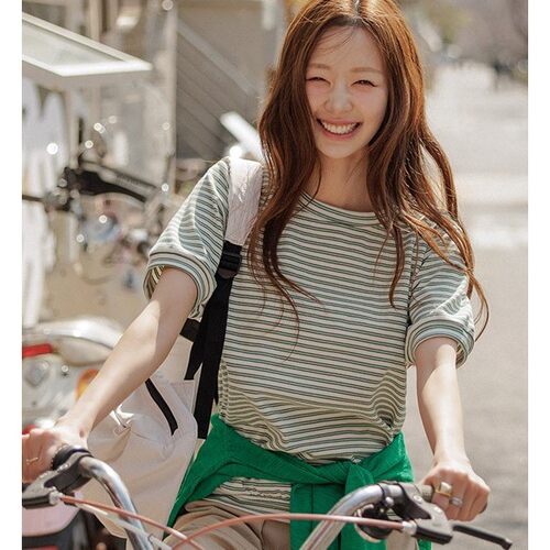 直邮 首尔印象韩代 26ss 元气少女亲肤圆领条纹棉质短袖T恤上衣