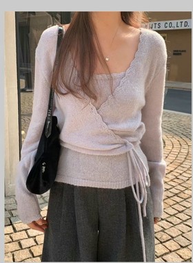 直邮 首尔印象韩代 25fw 温柔婉约浅紫色花边针织吊带开衫套装女