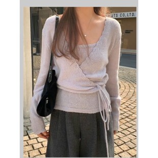 直邮 首尔印象韩代 25fw 温柔婉约浅紫色花边针织吊带开衫套装女