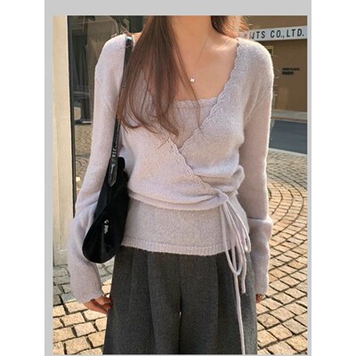 直邮 首尔印象韩代 25fw 温柔婉约浅紫色花边针织吊带开衫套装女