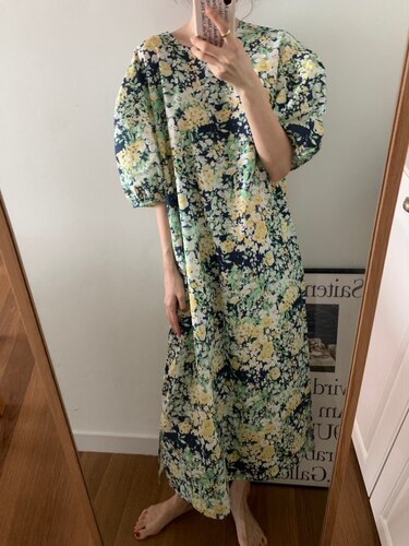 直邮 首尔印象韩代 26ss PLANTS ON GRAY长款花卉泡泡袖连衣裙