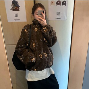 直邮 东大门代购温暖花朵印花拉链立领羊羔绒棉衣外套女秋冬新款