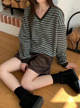 韩国东大门复古条纹V领卫衣女 宽松慵懒风撞色包边休闲套头上衣