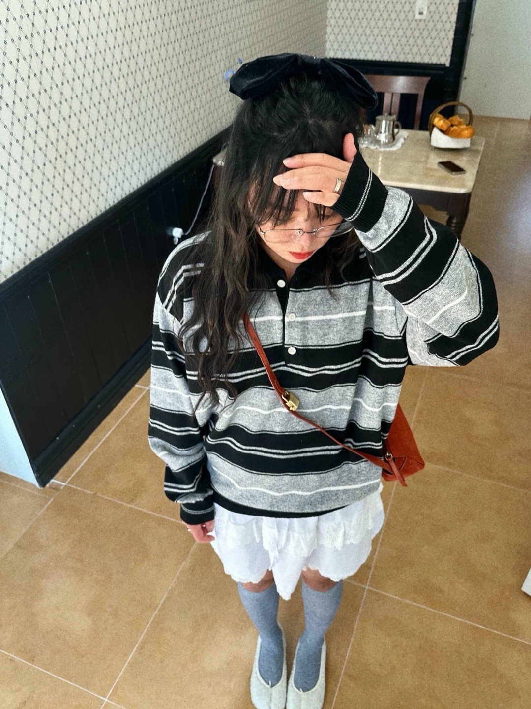 直邮 首尔印象韩代 25fw appear 学院风POLO翻领撞色条纹针织衫女