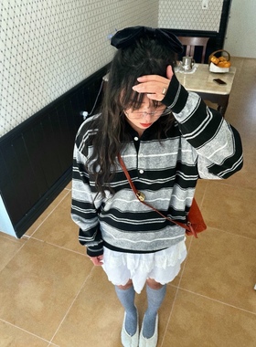 直邮 首尔印象韩代 25fw appear 学院风POLO翻领撞色条纹针织衫女