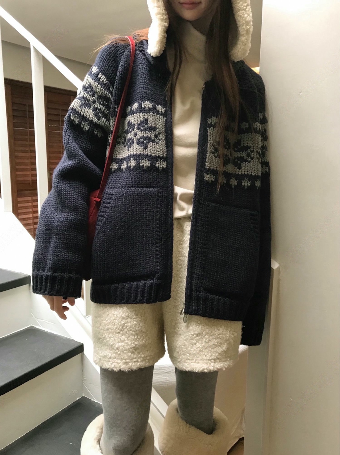 直邮 首尔印象韩代 25fw callmyname费尔岛雪花纹拉链毛衣外套女