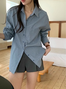 whynot 26ss东大门 韩式宽松翻领长袖蓝色单排扣条纹衬衫韩国女装