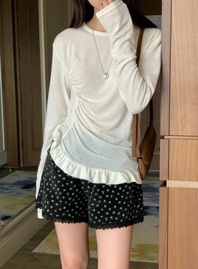 直邮 seconddress 25fw 软妹小众设计褶皱荷叶边打底长袖T恤秋装