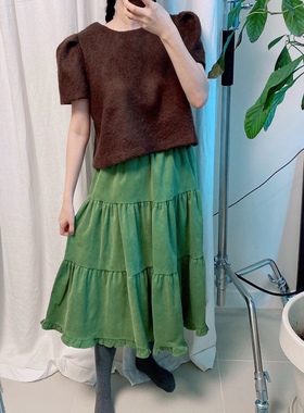 直邮 首尔印象韩代 25fw 复古果绿色松紧腰灯芯绒A字半身长裙秋冬