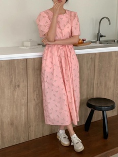 韩国东大门代购 stylelounge 法式油画印花长款泡泡袖连衣裙