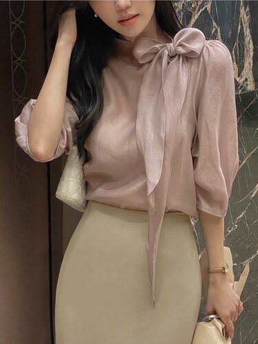 首尔印象韩代 26fw 通勤风轻盈亲肤净版侧系带七分袖衬衫早秋新款
