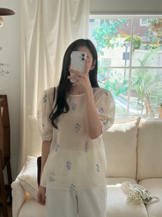 包邮 首尔印象韩代 26ss JNE刺绣褶皱泡泡袖素描印花短袖衬衫少女