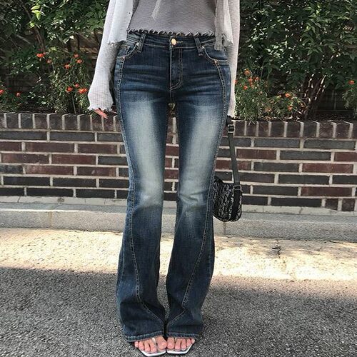 hypnotic同款 首尔印象韩代 26fw 复古明线磨白低腰喇叭牛仔裤女