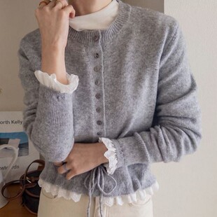 女秋冬新款 淑女风蕾丝提花花边抽绳收腰针织开衫 东大门代购 直邮